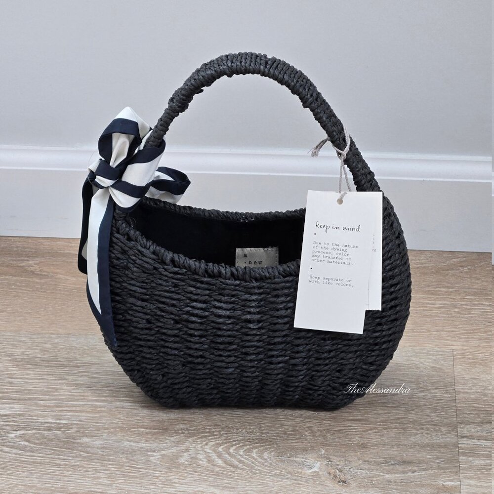 A New Day Black Woven Straw Mini Bag With Bow New With Tags Structured Paper